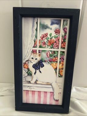 1990s Vintage Laurie Korsgarden framed cat print  blue frame White tan kitty 90s